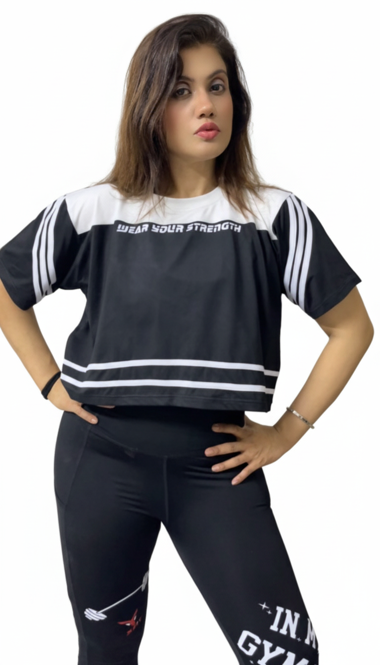 Boxy Fit White Stripe Sleeve Gym Tee