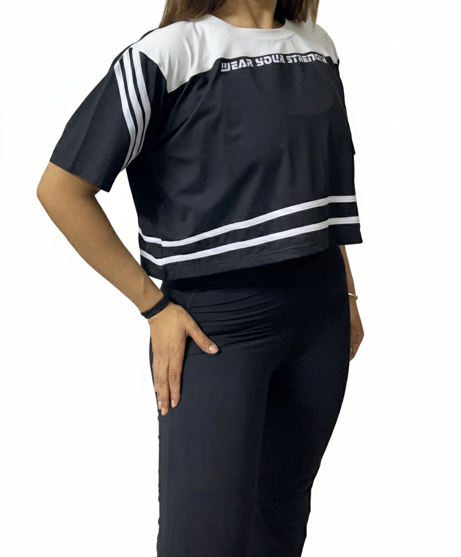 Boxy Fit White Stripe Sleeve Gym Tee
