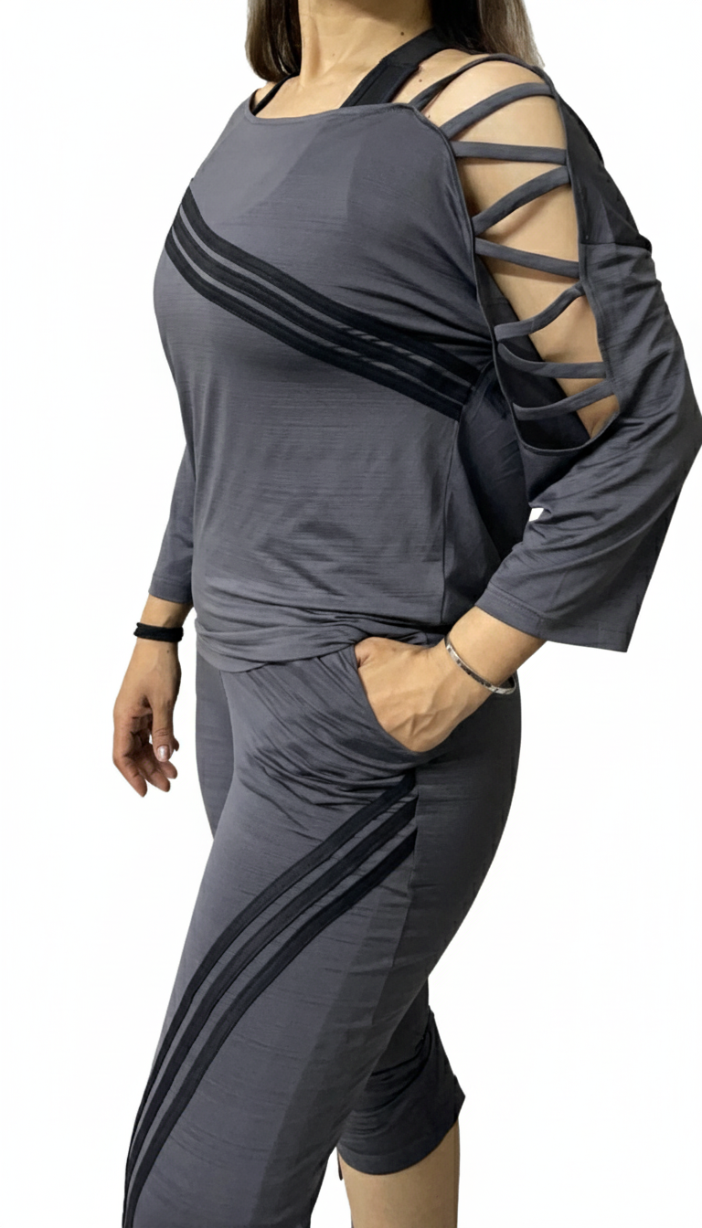 Slouch-Fit Lace-Up Shoulder Stripe Activewear Set