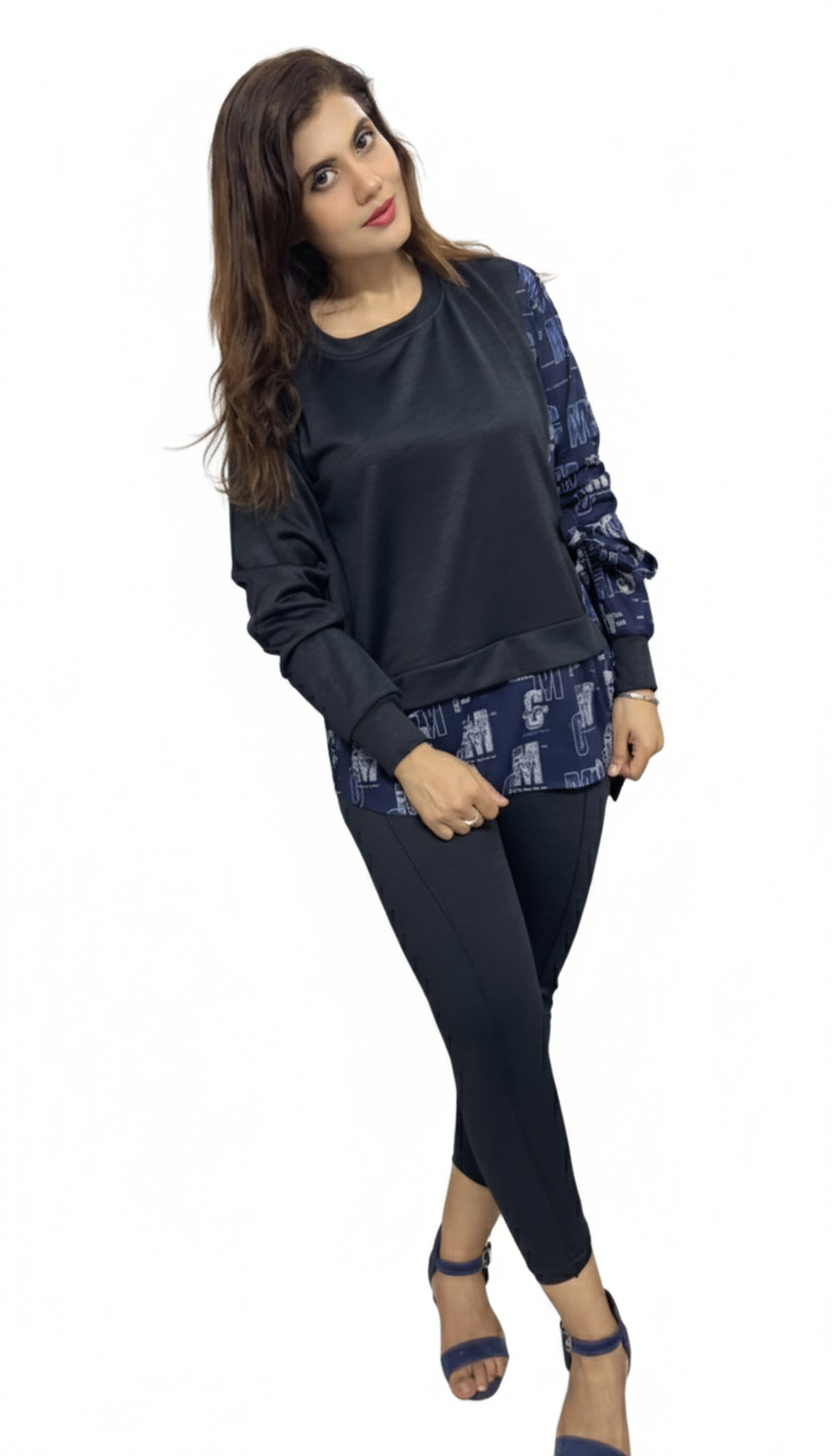 Black Side-Tie Monogram Layered Top