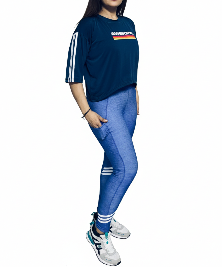 Cropped T-Shirt with Awesome Graphic and Sleeve Stripes