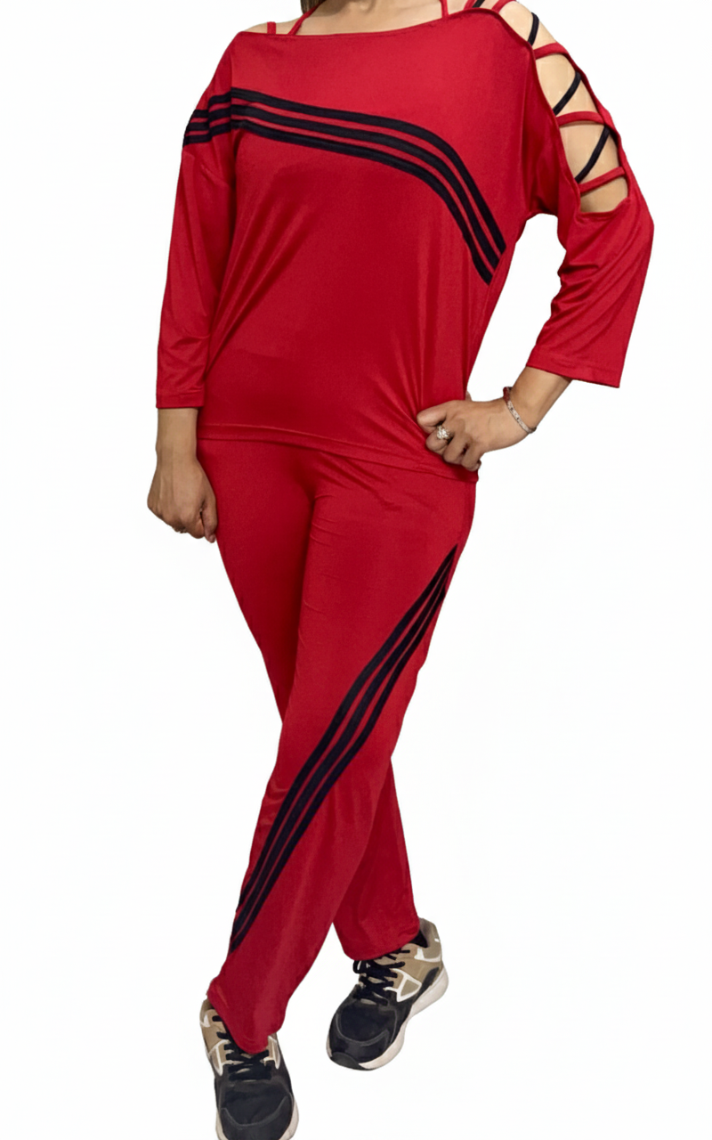Red Slouch-Fit Lace-Up Shoulder Stripe Activewear Set