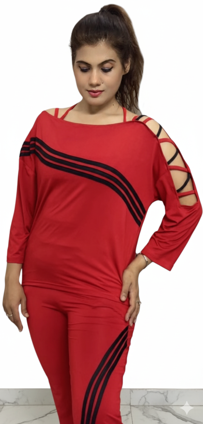 Red Slouch-Fit Lace-Up Shoulder Stripe Activewear Set