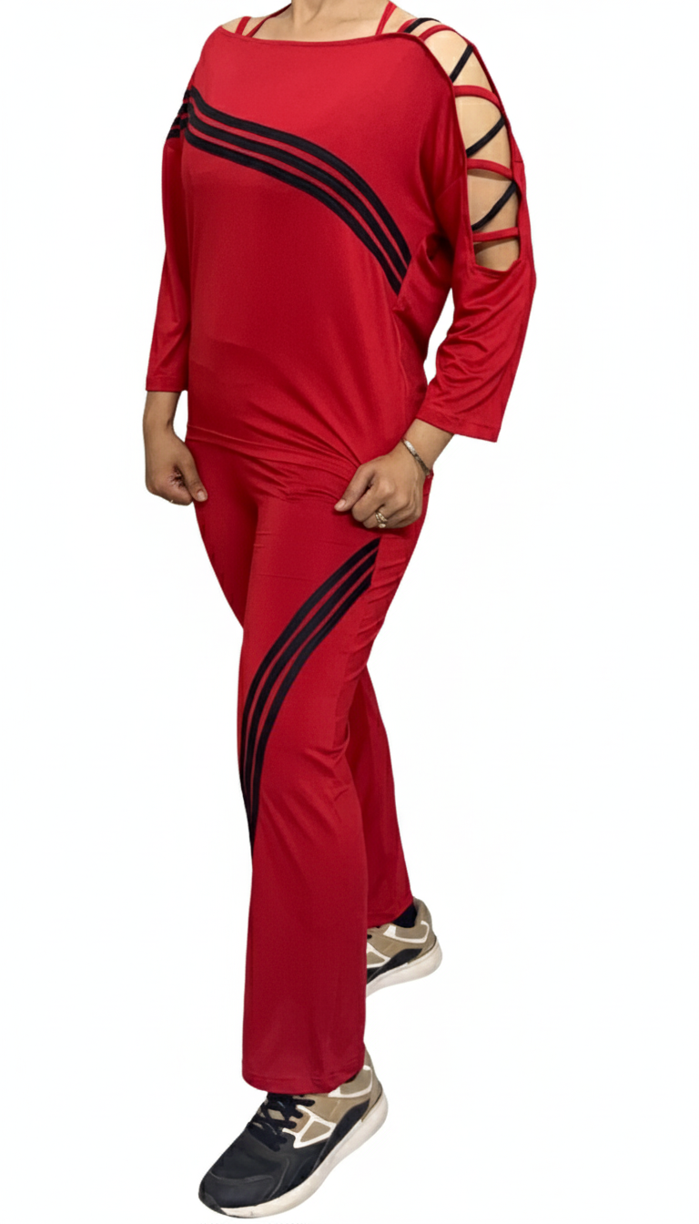 Red Slouch-Fit Lace-Up Shoulder Stripe Activewear Set