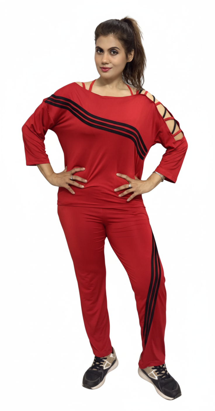 Red Slouch-Fit Lace-Up Shoulder Stripe Activewear Set