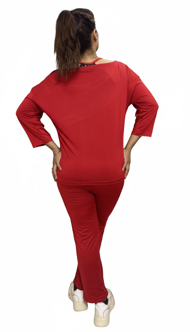 Red Slouch-Fit Lace-Up Shoulder Stripe Activewear Set