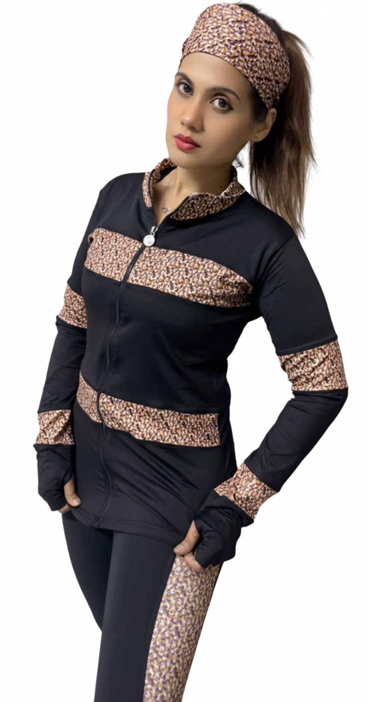 Black Animal Print Gym Outfit with Thumbhole Jacket