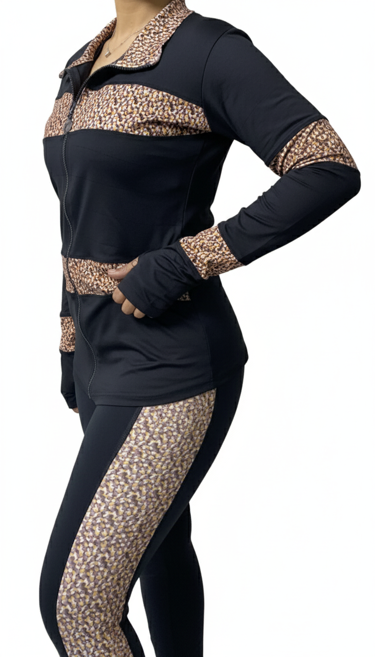 Black Animal Print Gym Outfit with Thumbhole Jacket