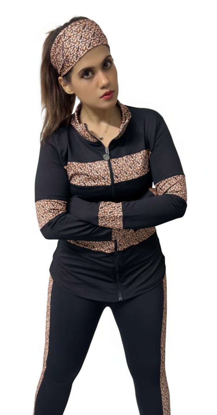 Black Animal Print Gym Outfit with Thumbhole Jacket