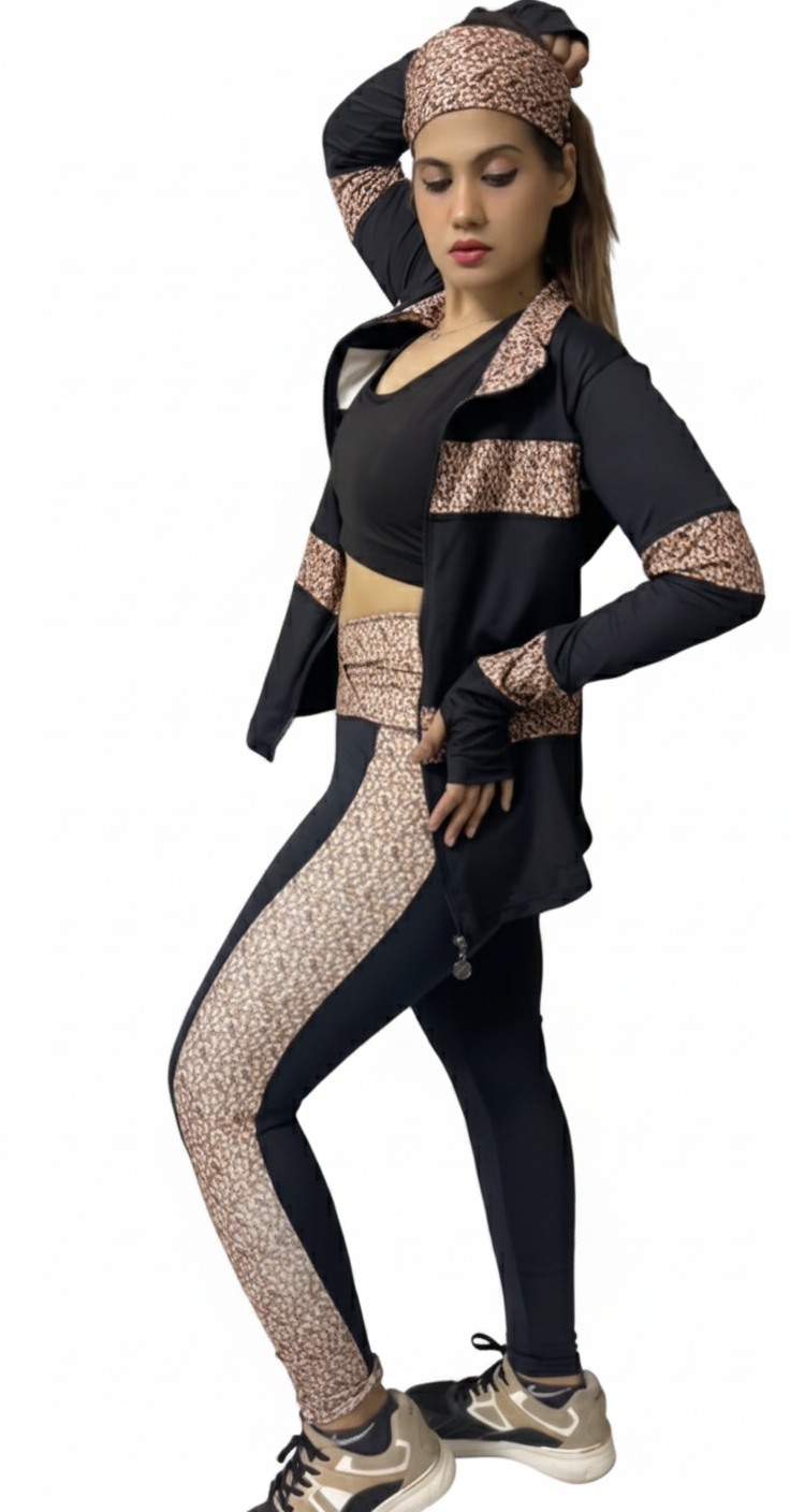 Black Animal Print Gym Outfit with Thumbhole Jacket