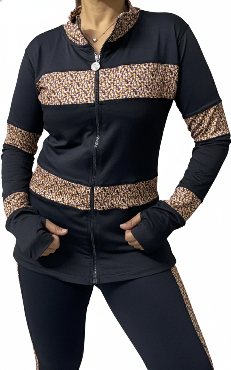 Black Animal Print Gym Outfit with Thumbhole Jacket