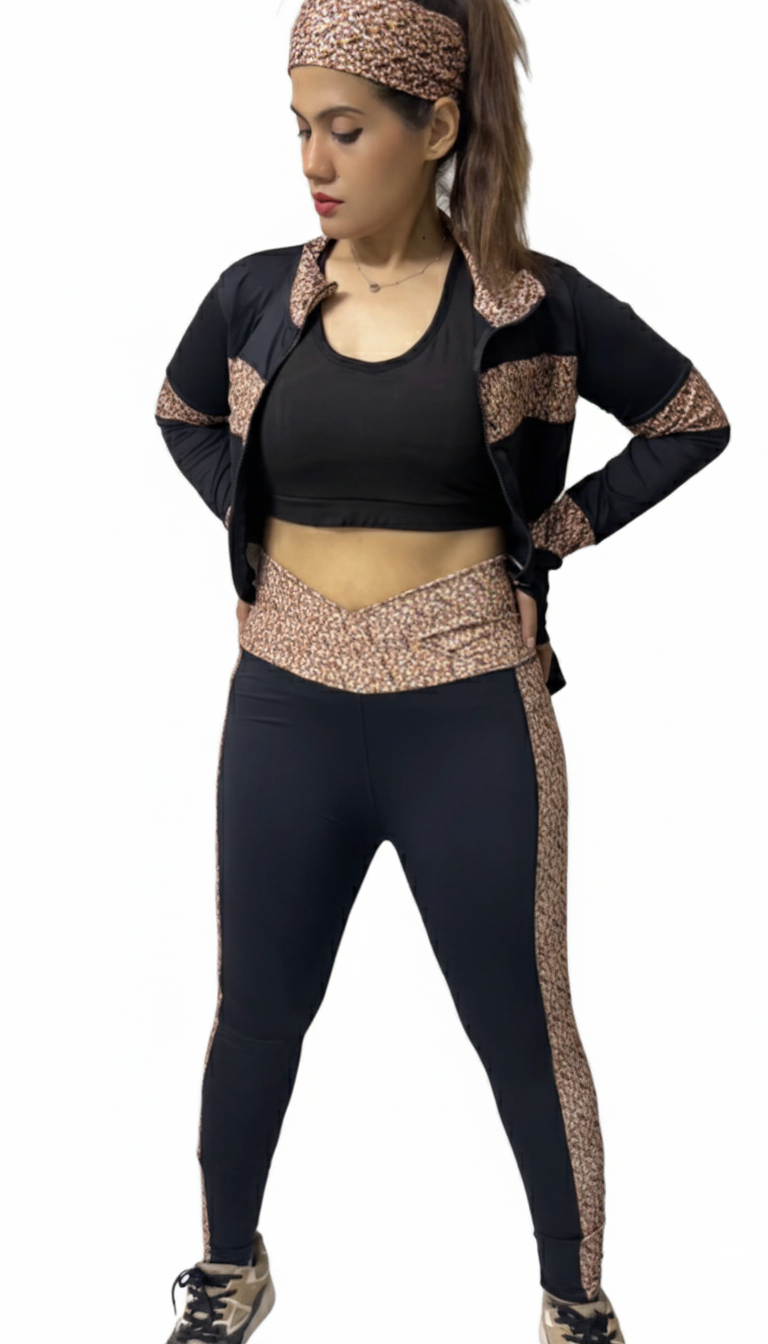 Black Animal Print Gym Outfit with Thumbhole Jacket