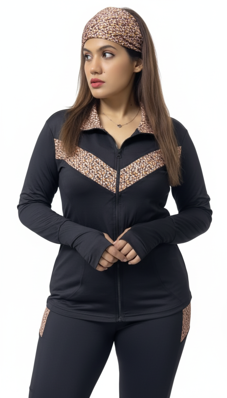 Black Animal V-Type Panel Print Gym Outfit with Thumbhole Jacket