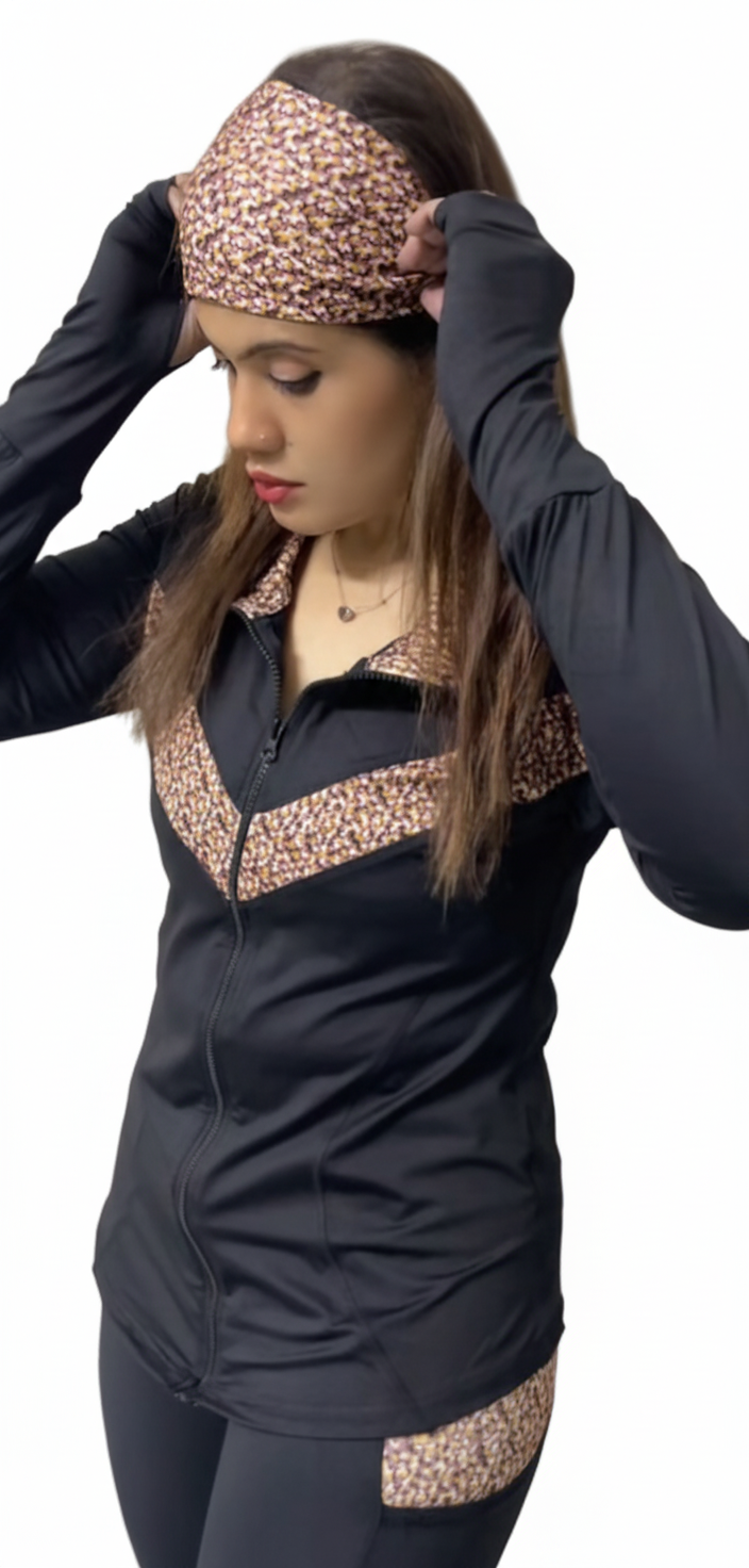 Black Animal V-Type Panel Print Gym Outfit with Thumbhole Jacket