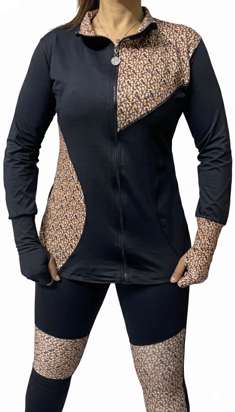 Black Animal Multi Panel Print Gym Outfit with Thumbhole Jacket