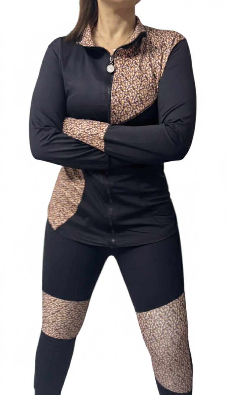 Black Animal Multi Panel Print Gym Outfit with Thumbhole Jacket