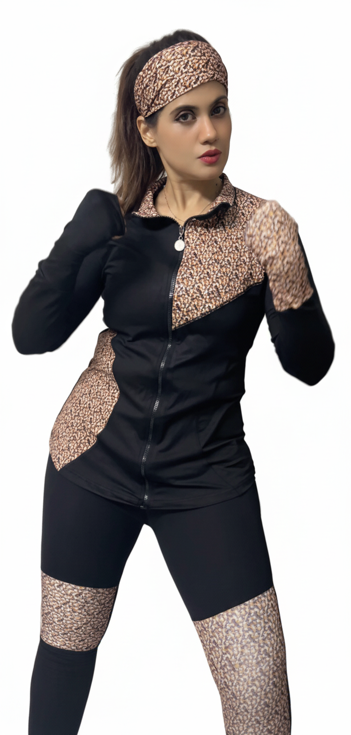 Black Animal Multi Panel Print Gym Outfit with Thumbhole Jacket