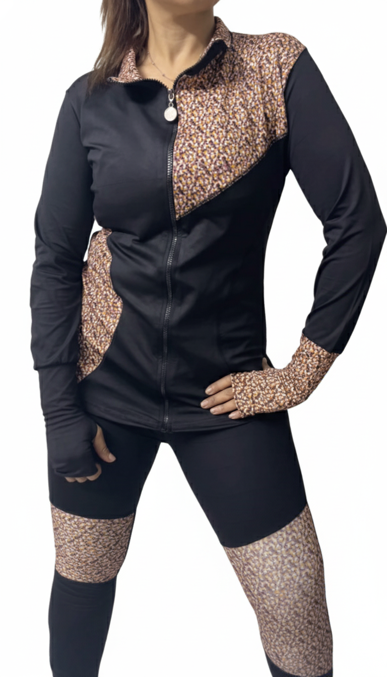 Black Animal Multi Panel Print Gym Outfit with Thumbhole Jacket