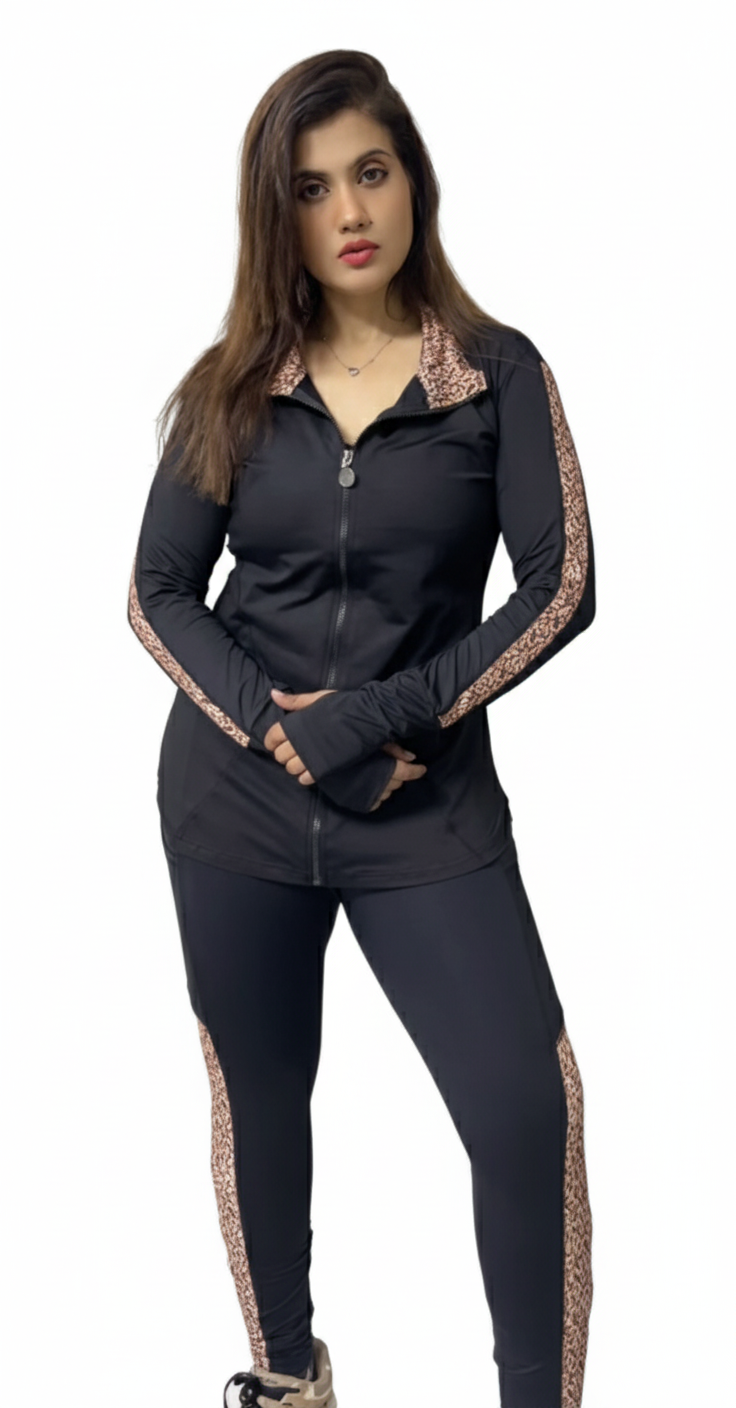 Black Animal Multi Panel Print Gym Outfit with Thumbhole Jacket