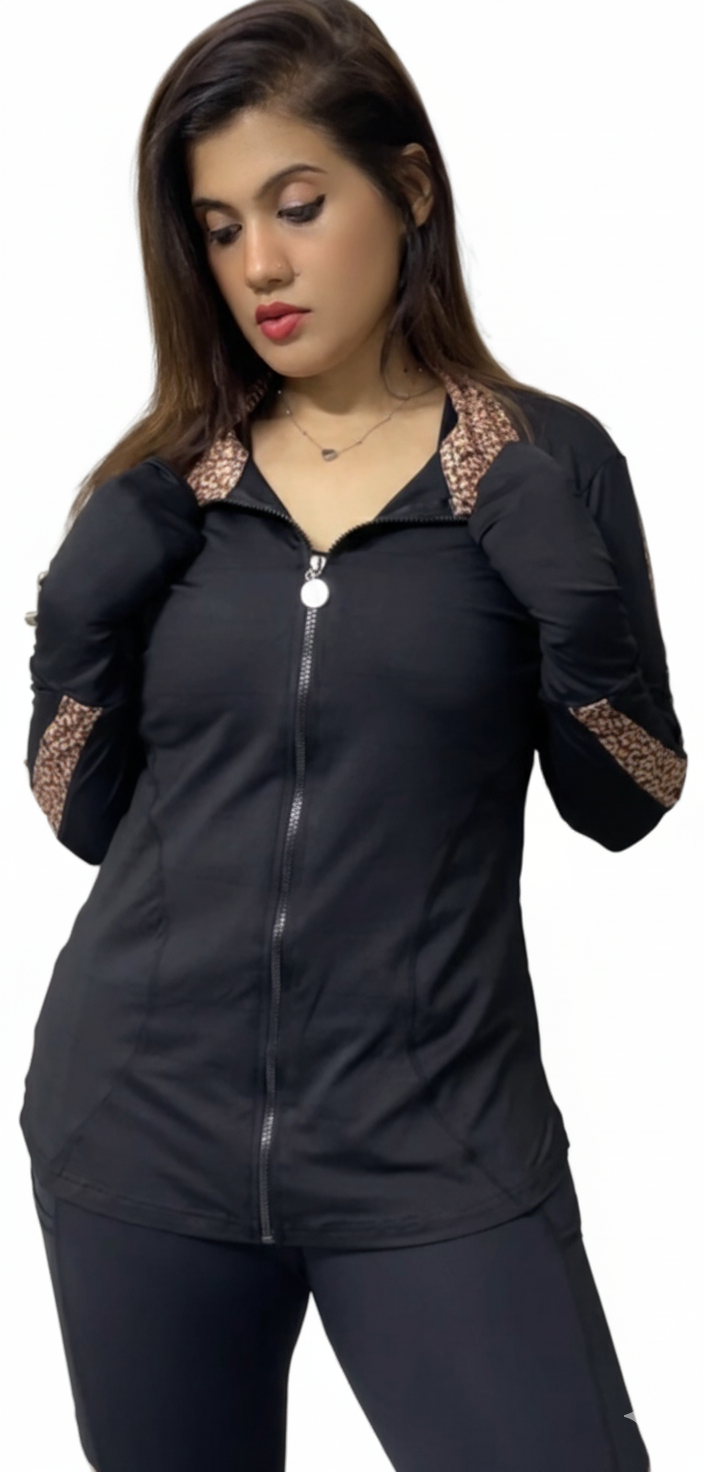 Black Animal Multi Panel Print Gym Outfit with Thumbhole Jacket