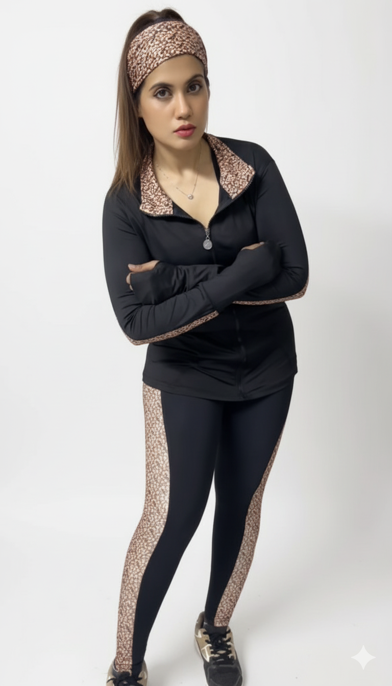 Black Animal Multi Panel Print Gym Outfit with Thumbhole Jacket