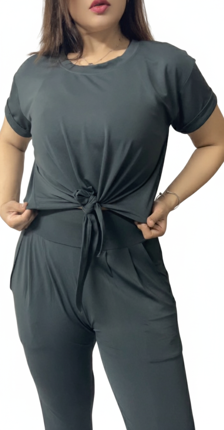Tie-Front Cropped T-Shirt with Trouser