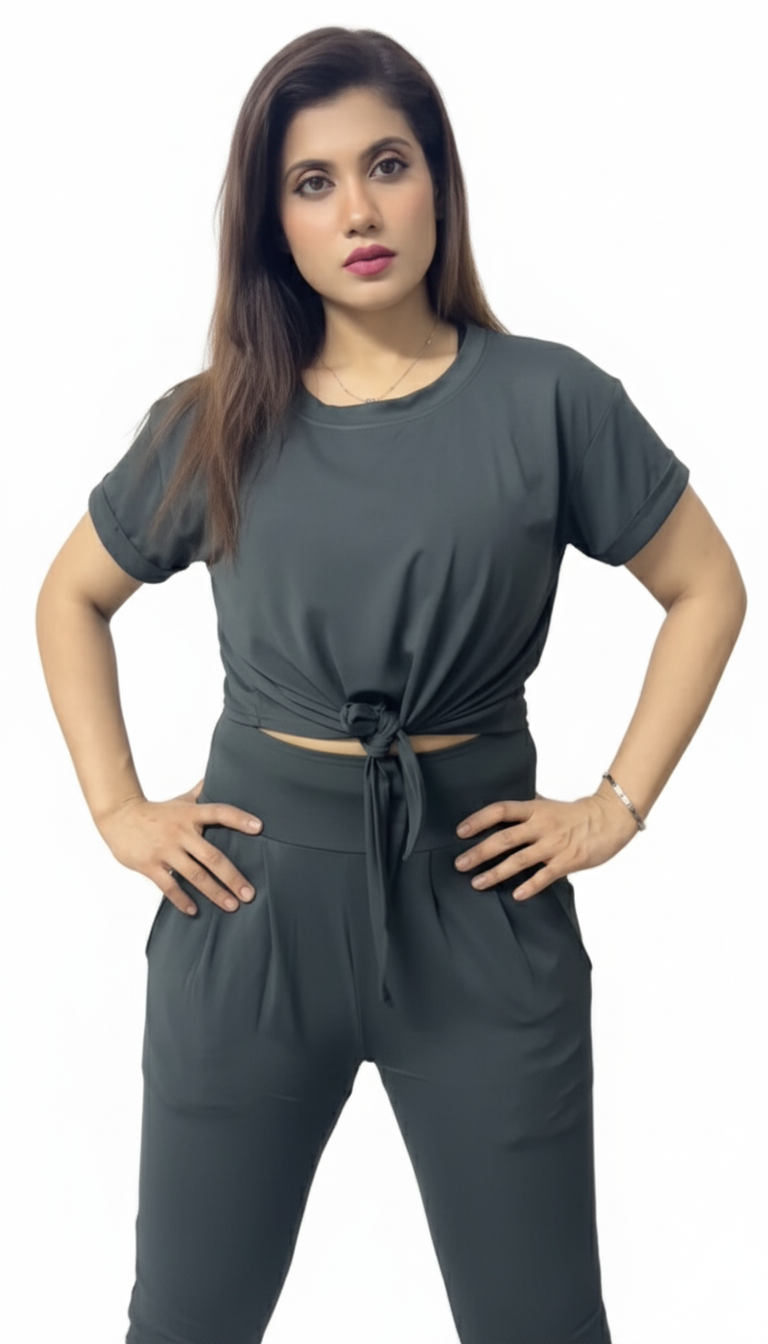 Tie-Front Cropped T-Shirt with Trouser