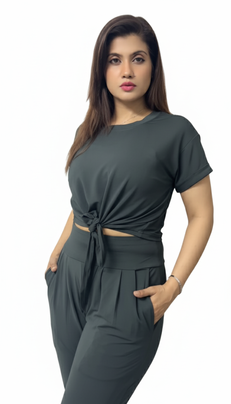 Tie-Front Cropped T-Shirt with Trouser