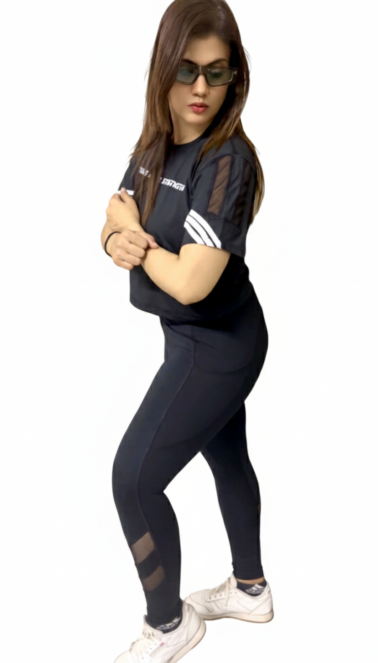 Performance Mesh Crop Top T-Shirt with Striped Sleeves