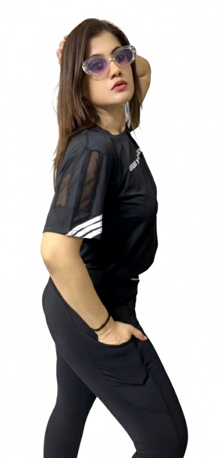 Performance Mesh Crop Top T-Shirt with Striped Sleeves