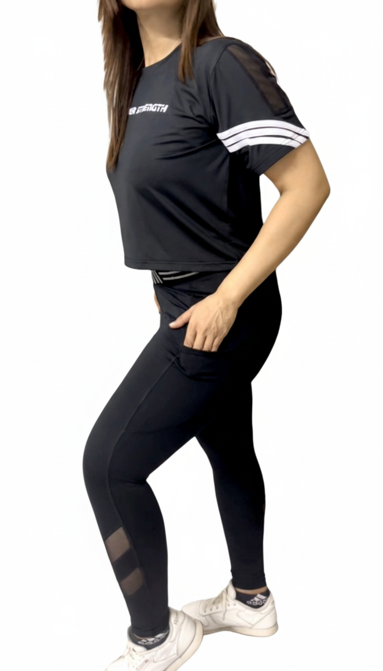 Performance Mesh Crop Top T-Shirt with Striped Sleeves