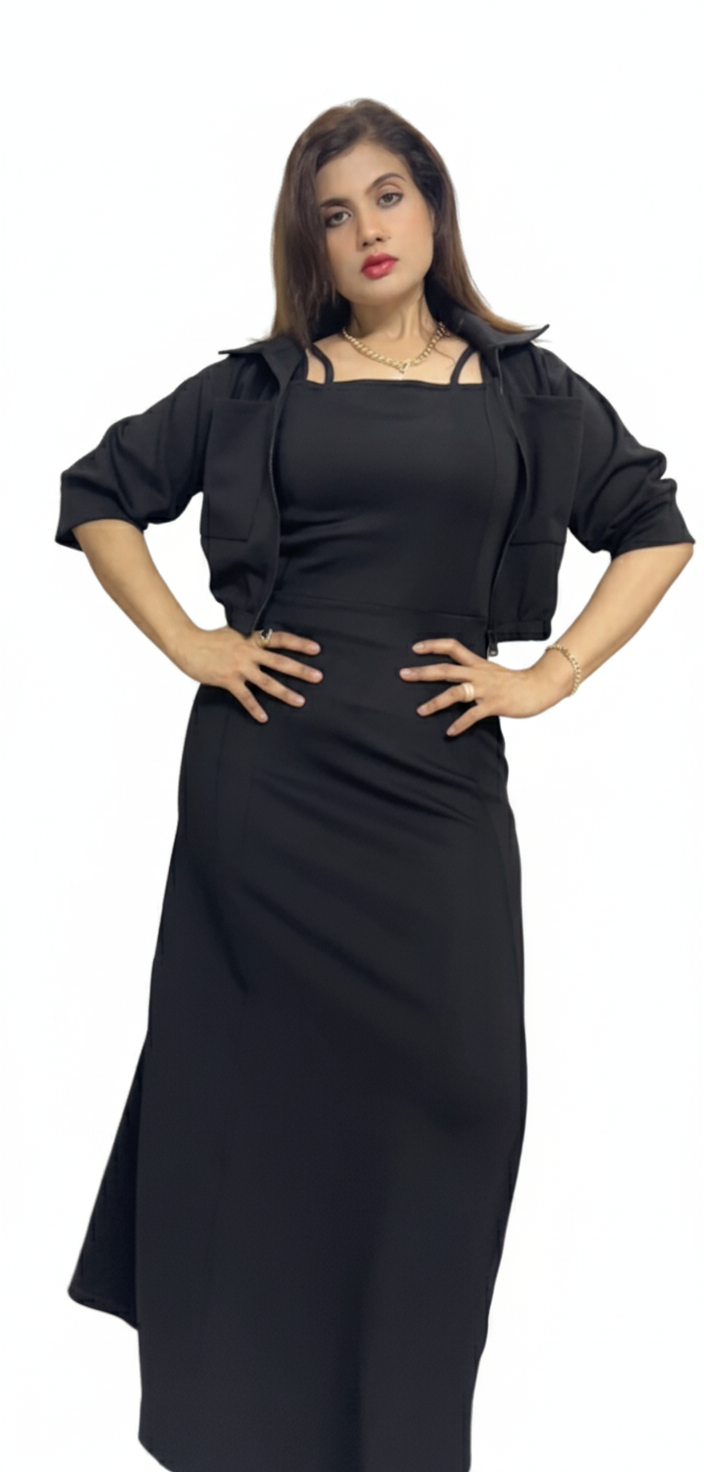 Sleeveless Maxi Dress With Collared Zip Up Jacket set