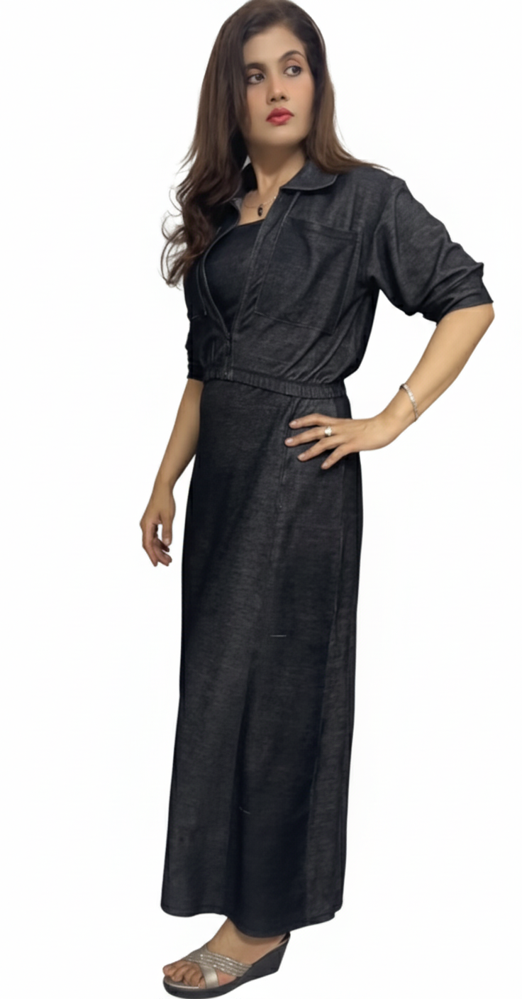 Sleeveless Maxi Dress With Collared Zip Up Jacket set