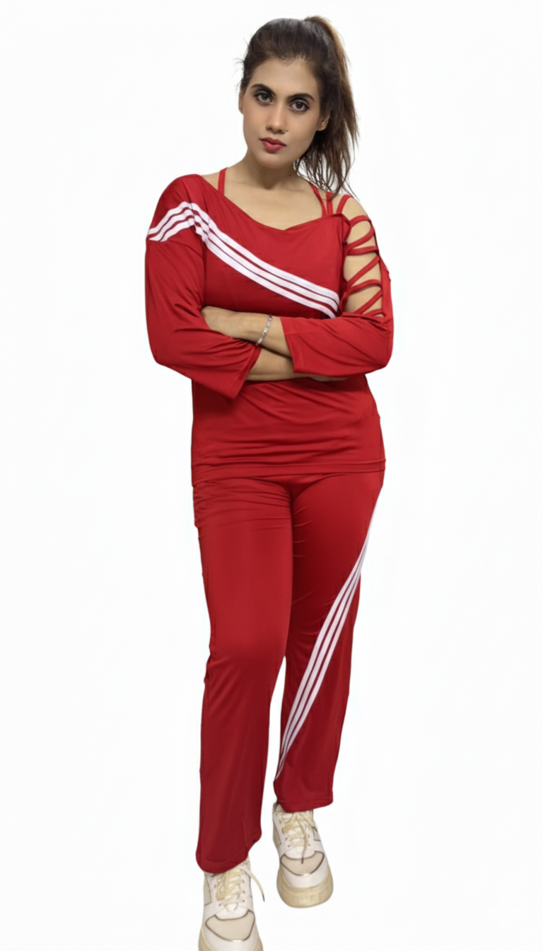 Red Slouch-Fit Lace-Up Shoulder Stripe Activewear Set