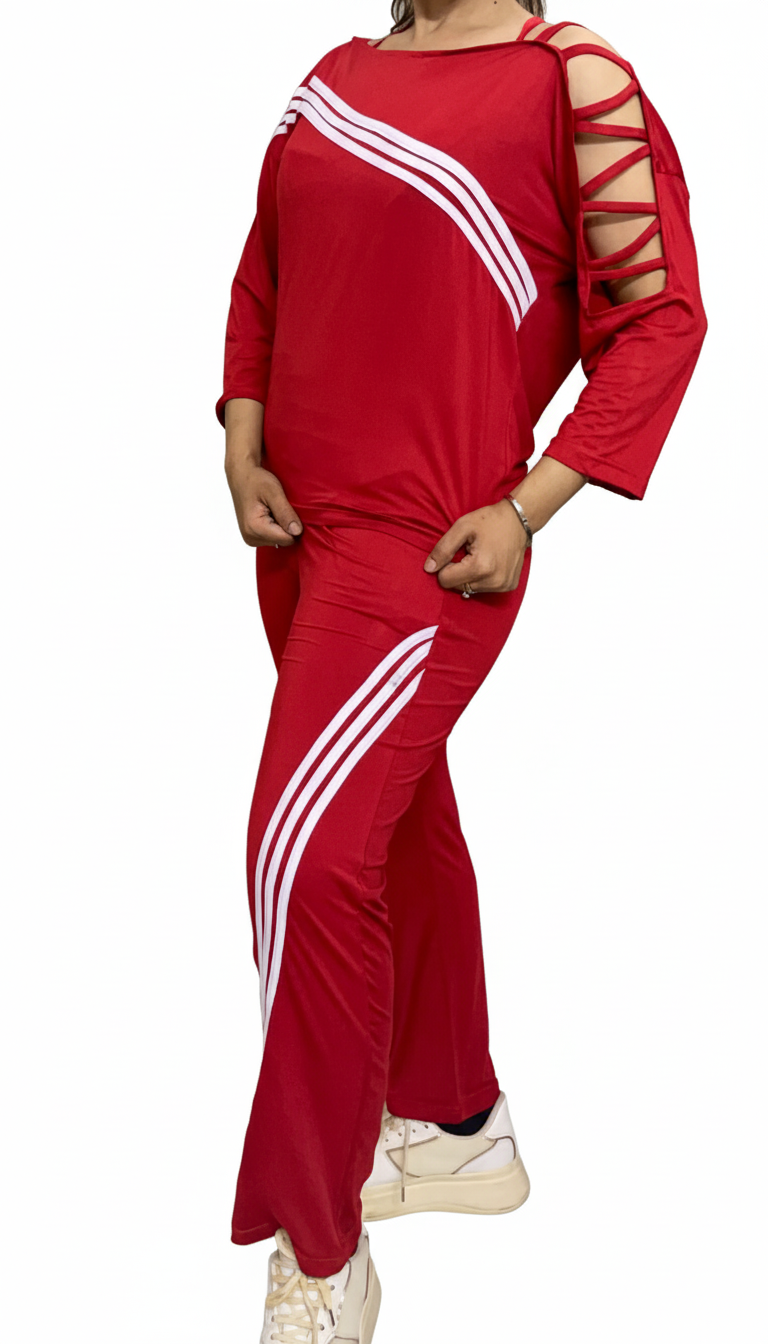 Red Slouch-Fit Lace-Up Shoulder Stripe Activewear Set
