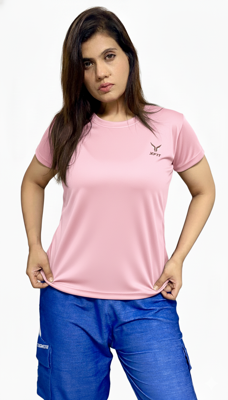 Round Red Plain T Shirts for Gym Girls