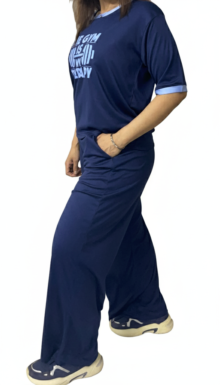 Motivational Barbell Slogan Workout Tee with Flared Trouser