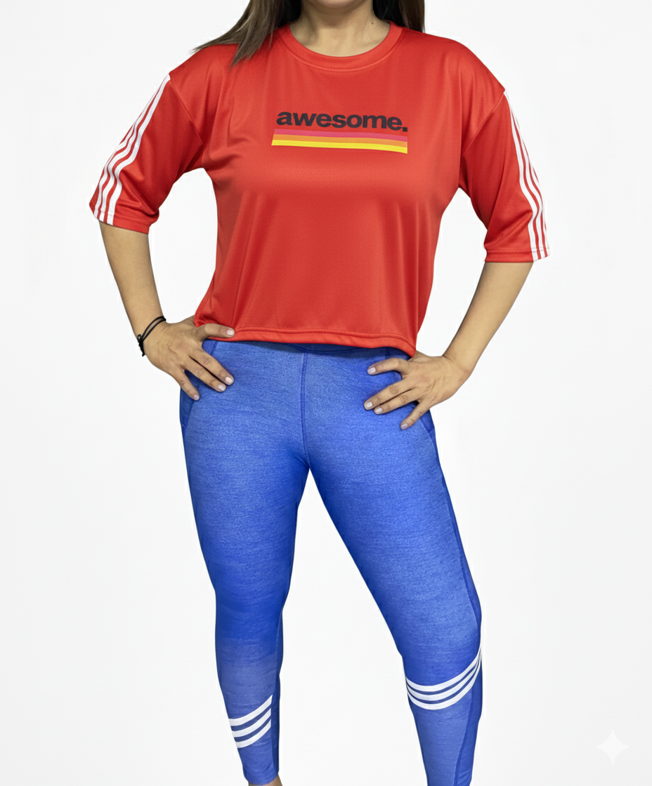 Cropped T-Shirt with Awesome Graphic and Sleeve Stripes