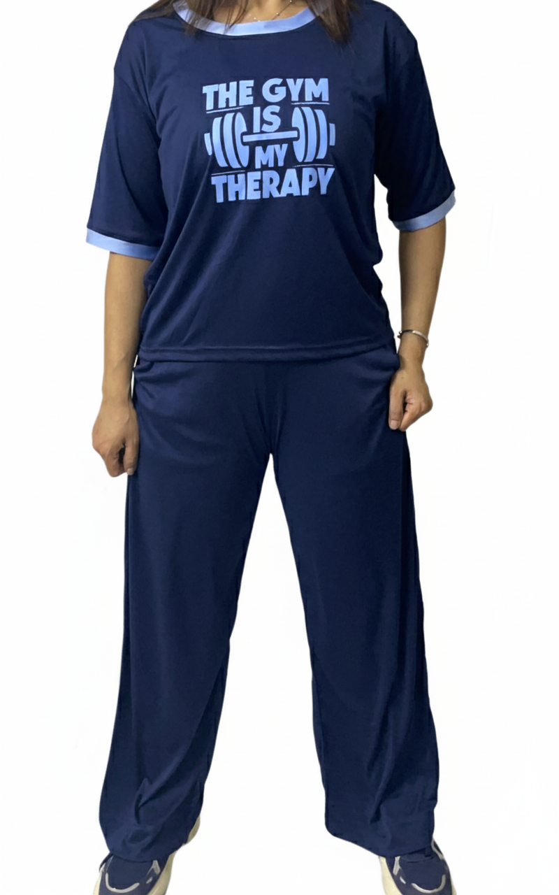 Motivational Barbell Slogan Workout Tee with Flared Trouser