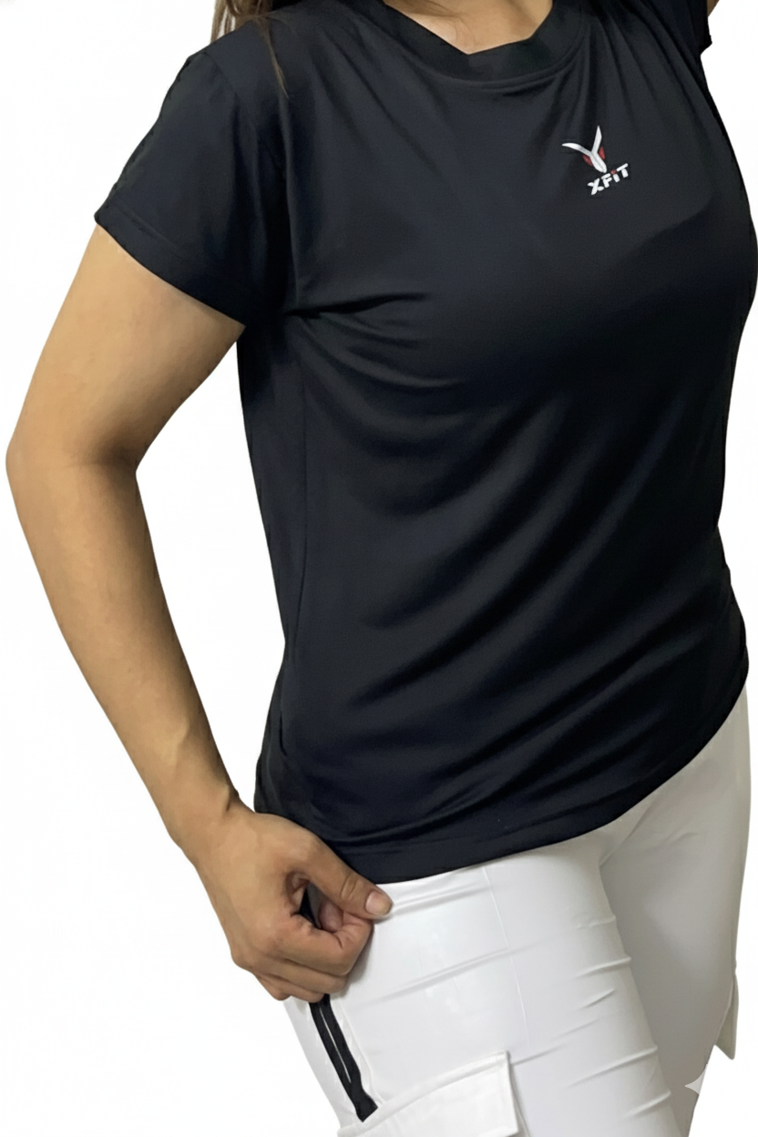 Crew Neck Black Workout Tee For Running And Training