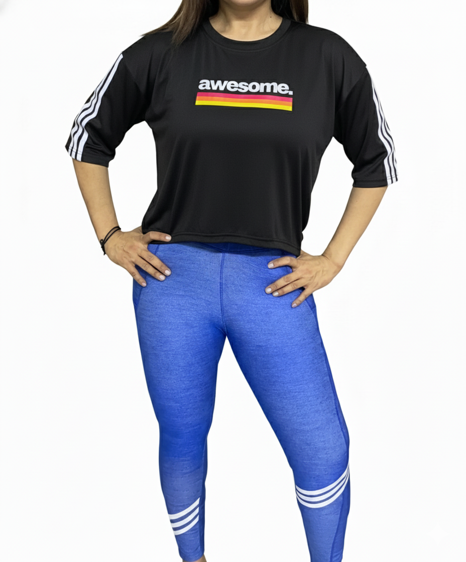 Cropped T-Shirt with Awesome Graphic and Sleeve Stripes
