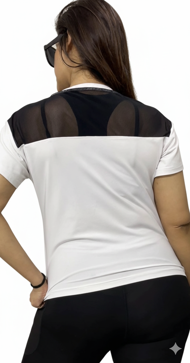 Mesh Insert White Fitness  T-Shirt