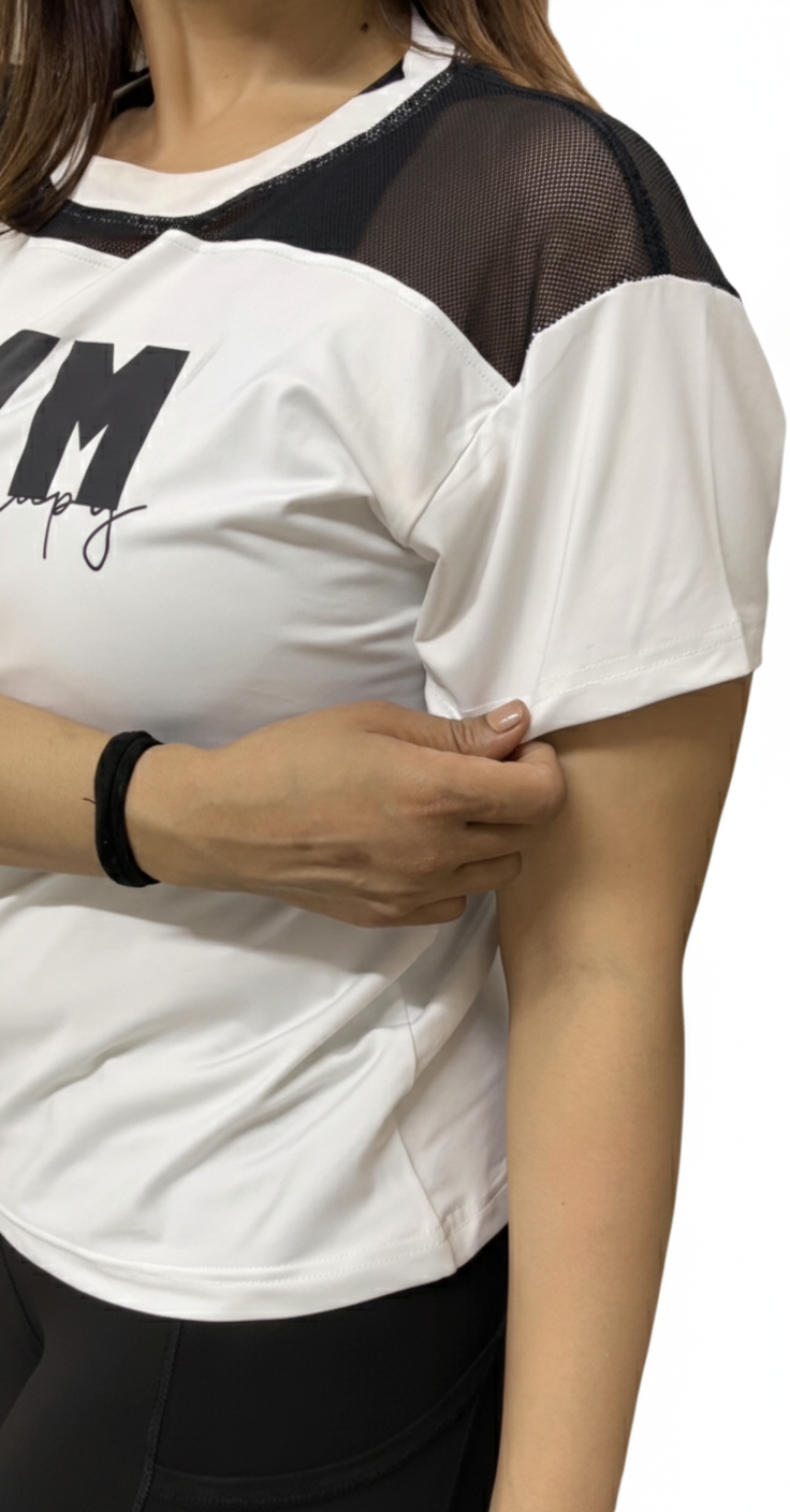 Mesh Insert White Fitness  T-Shirt