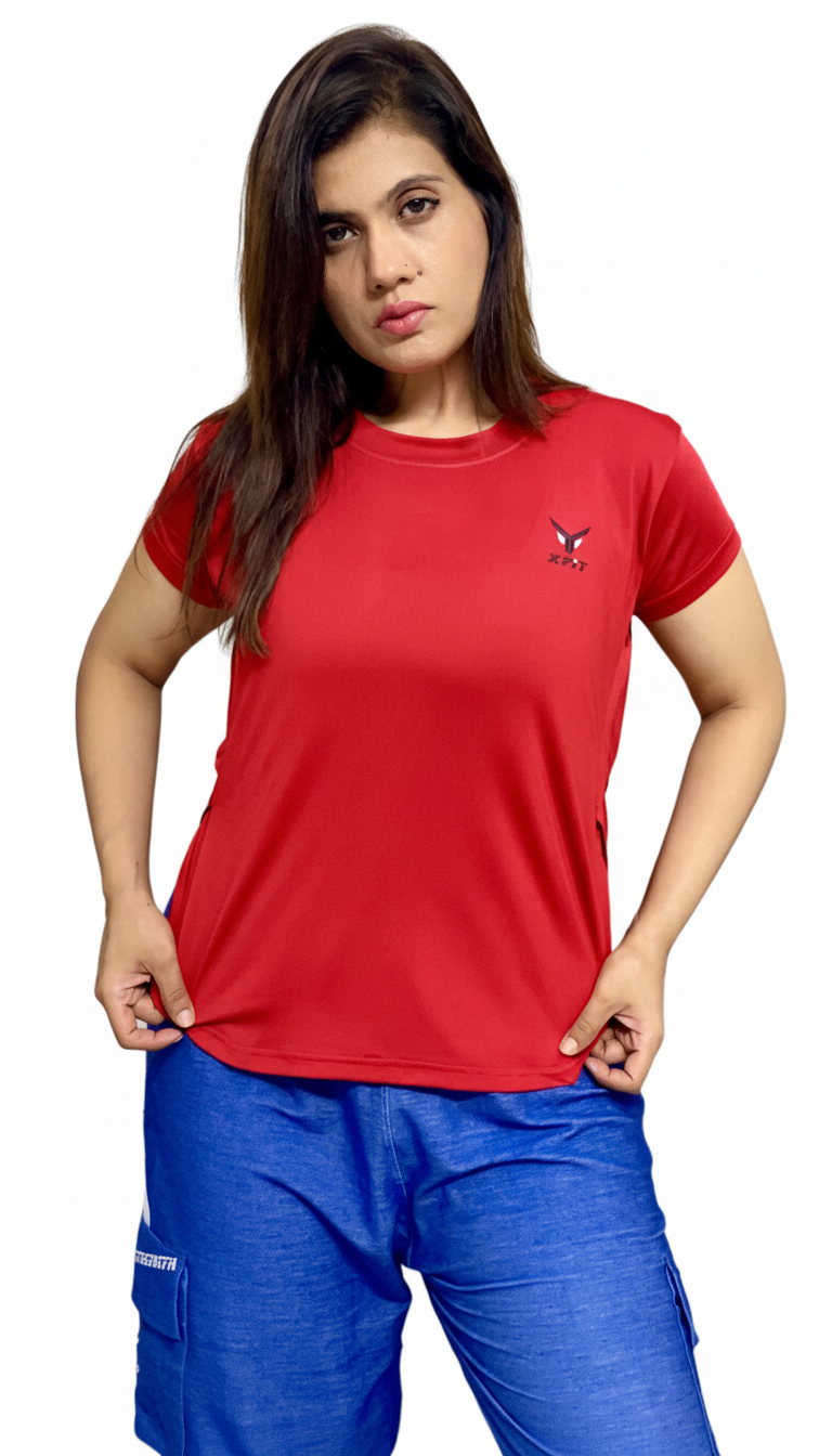 Round Red Plain T Shirts for Gym Girls