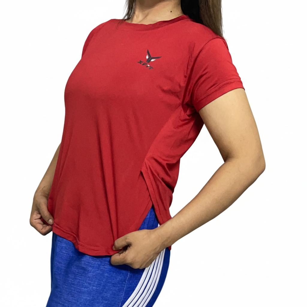 Round Red Plain T Shirts for Gym Girls