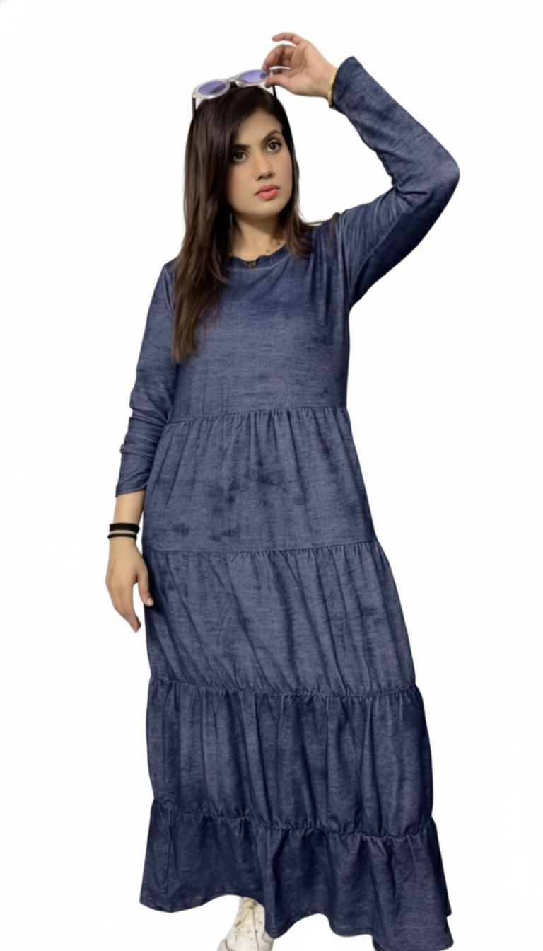 Stylish Denim Tiered Maxi Dress Set