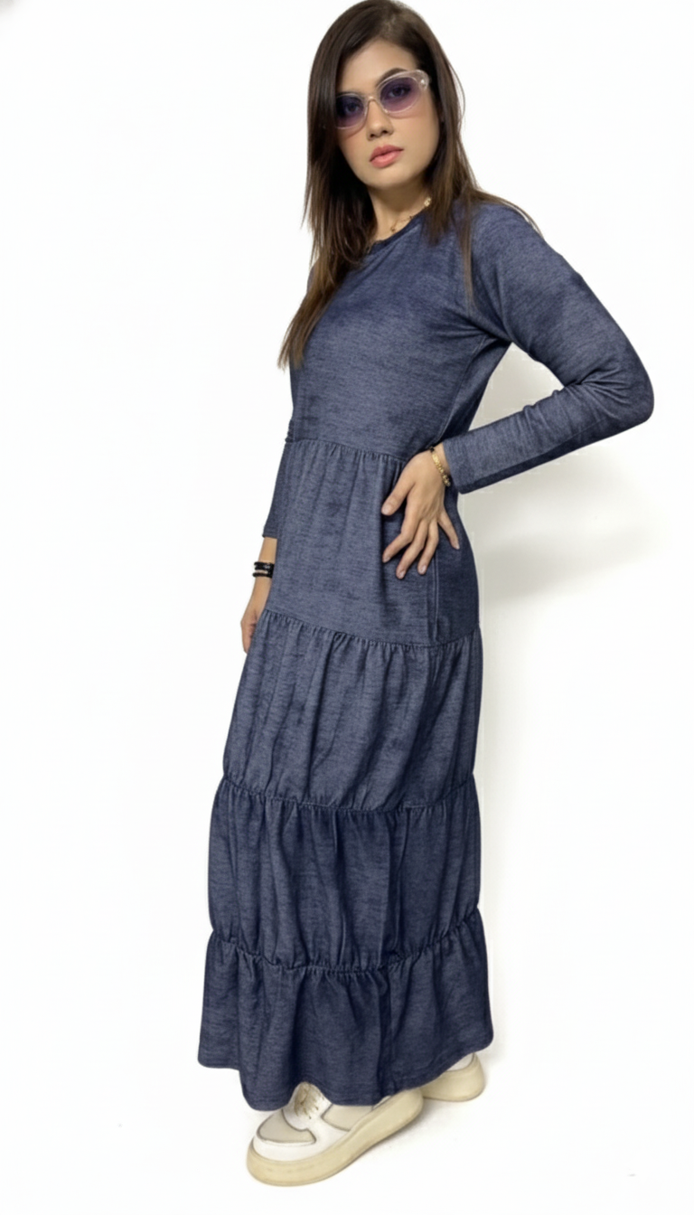 Stylish Denim Tiered Maxi Dress Set