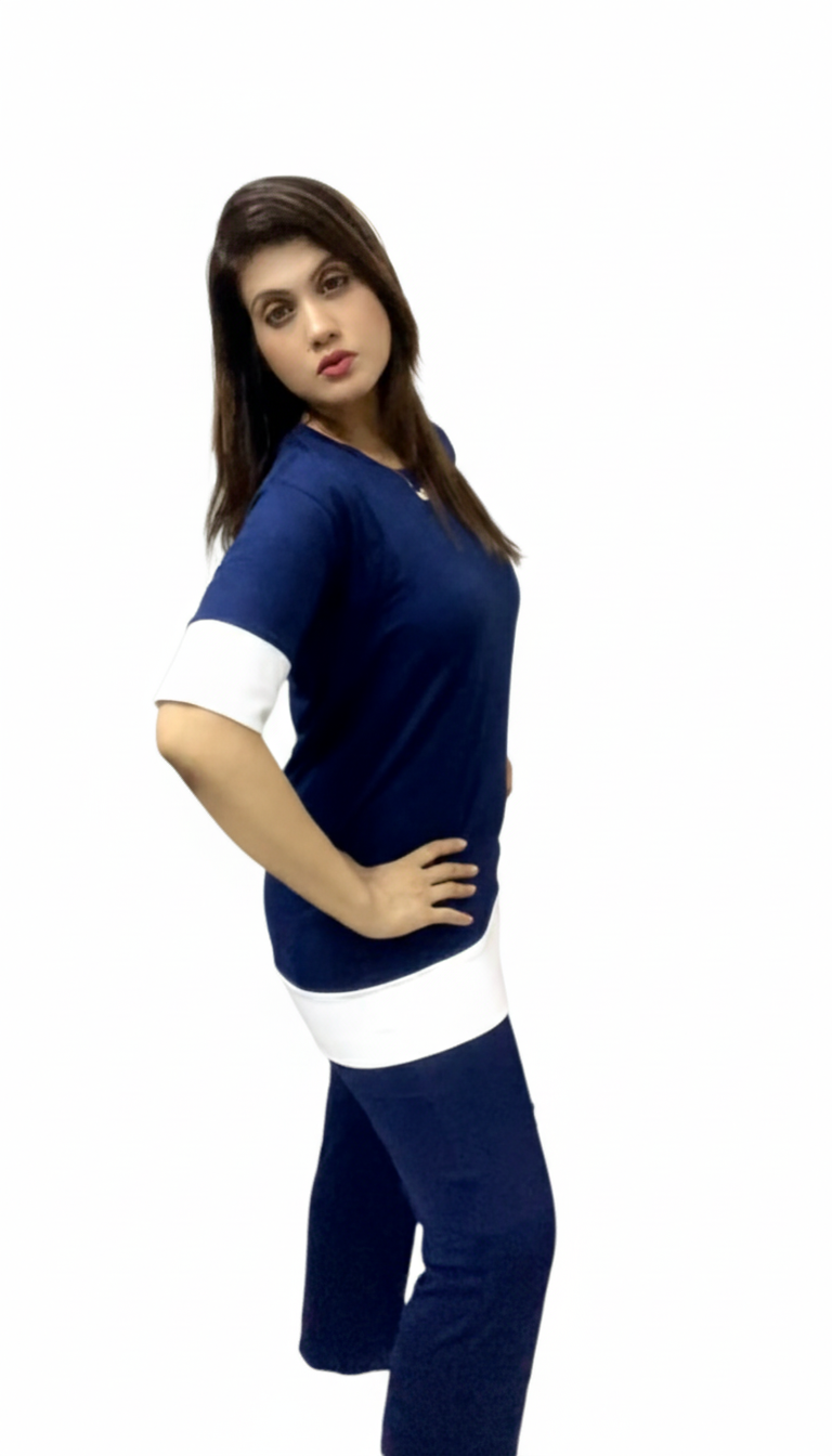 Women's Navy Blue & White Comfort Tunic Set