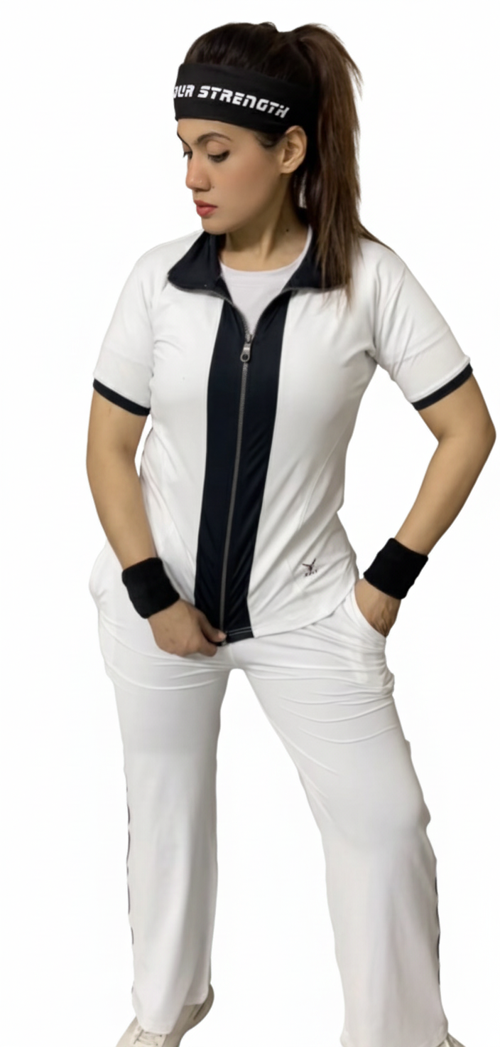 X-FITNESS Women's White & Black Contrast Panel Track Suit