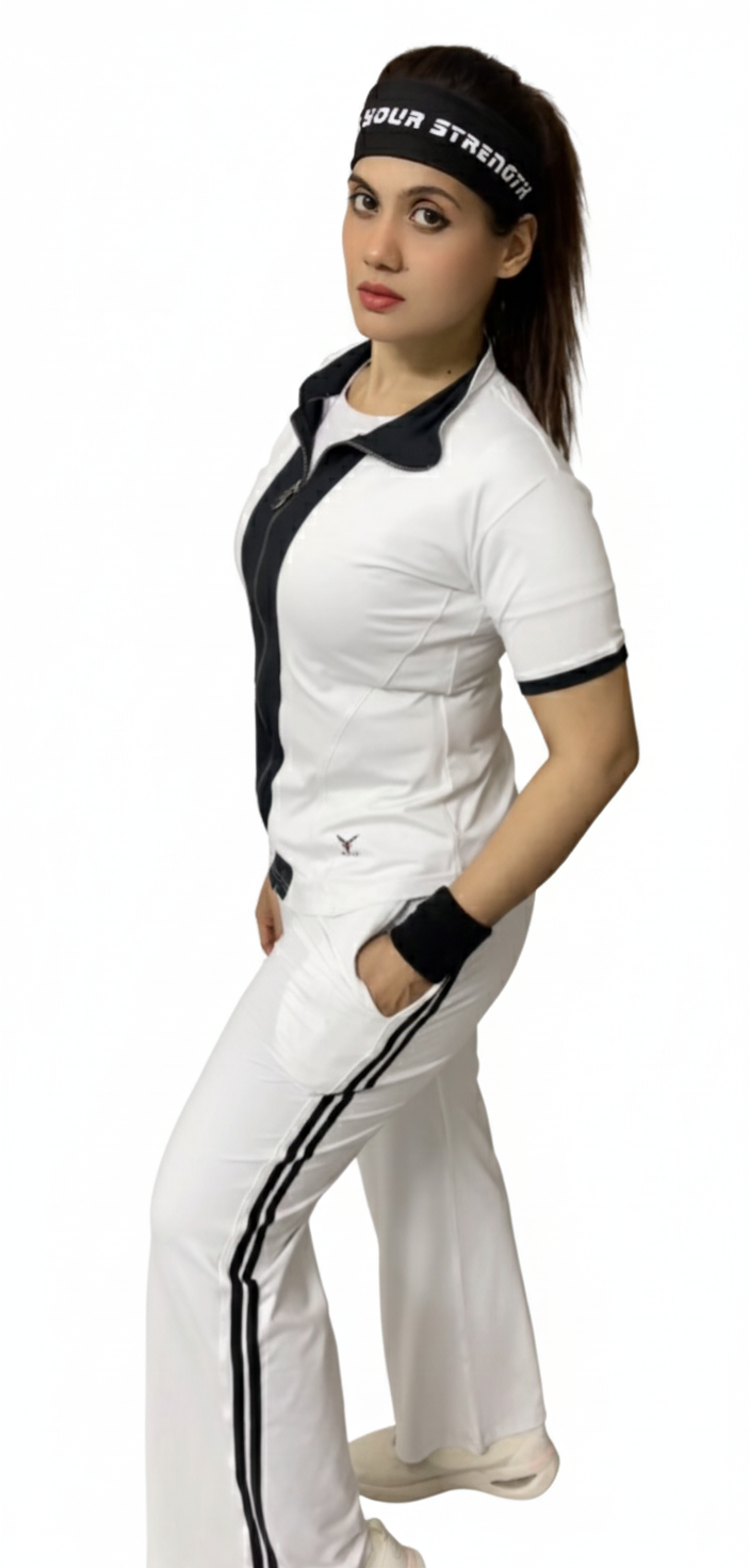 X-FITNESS Women's White & Black Contrast Panel Track Suit